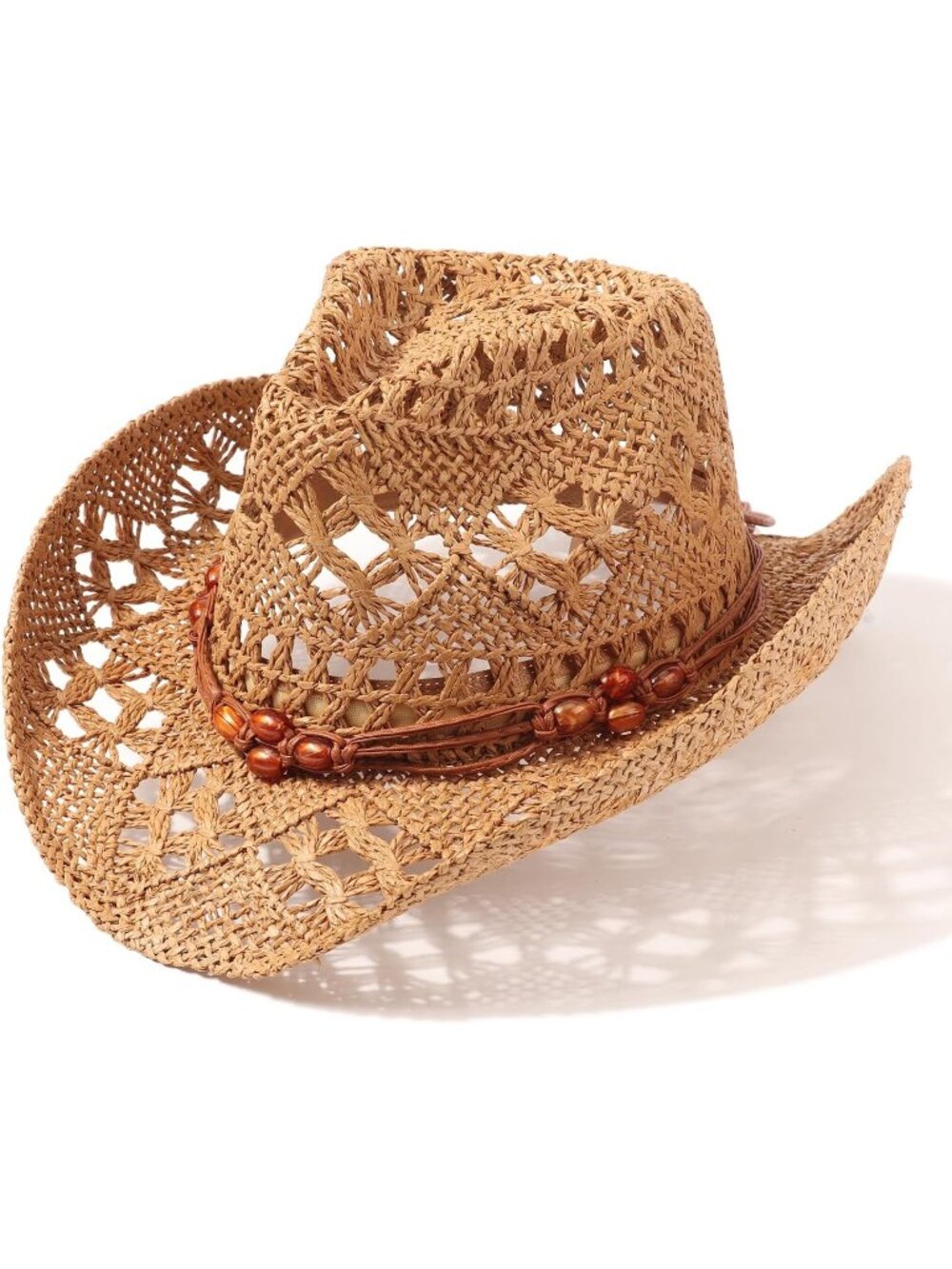 Unisex Khaki Brown Straw Woven Shapeable Brim Beach Western Cowboy Cowgirl Hat